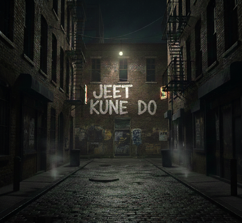 Dark alley with Jeet Kune Do painted on brick wall